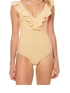 Jessica Simpson Peach And White Striped Ruffle V-Neck One-Piece Swimsuit